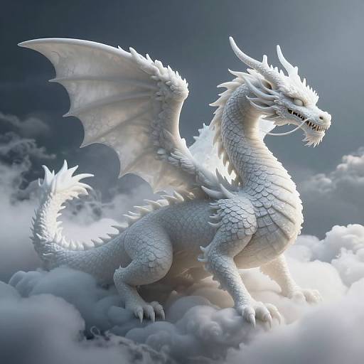 Digital illustration of a majestic, white dragon with glowing scales and large wings standing on fluffy clouds, illuminated by sunlight.