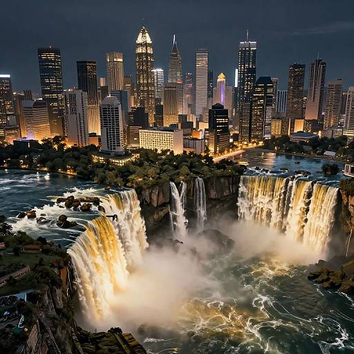 Mega City Amidst Golden Waterfalls