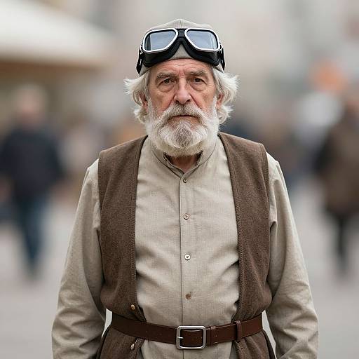 Photograph of an elderly white man with a white beard, wearing aviator goggles, brown vest, beige shirt, and belt, standing in a blurred