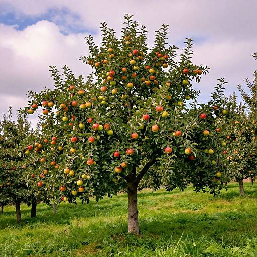Photograph of a lush apple tree with red and yellow apples, standing in a grassy orchard under a partly cloudy sky.