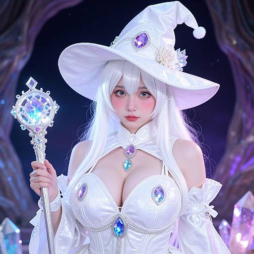 Digital CGI of a beautiful, white-haired witch with large breasts, wearing a white hat, dress, and holding a glowing crystal staff in a mystical,