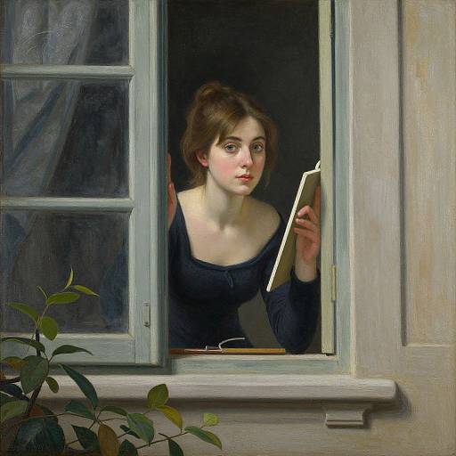 Realistic painting of a young woman with fair skin and brown hair, wearing a navy off-shoulder top, holding a clipboard, looking out of