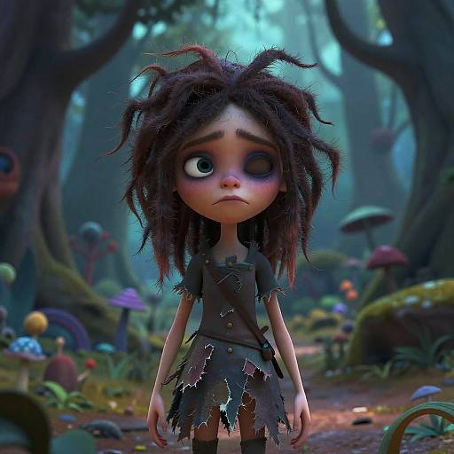 Digital CGI image of a sad, big-eyed, forest-dwelling child with wild, dark hair and tattered clothes in a whimsical, mushroom