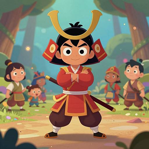 Digital cartoon of a confident young samurai girl with black hair, red and gold armor, crossed arms, and a sword, standing in a sunny forest
