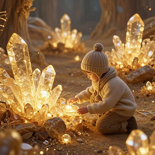 Photograph of a child in winter clothes, crouching among glowing, crystal-like rocks in a forest, holding a small light source.