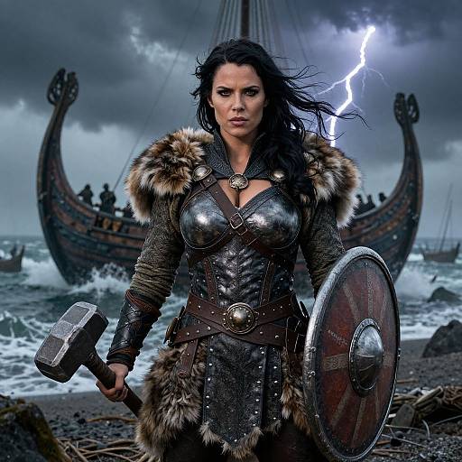 Viking warrior woman with black hair, fur-trimmed armor, holding hammer and shield, stands defiantly before stormy sea and ship, lightning