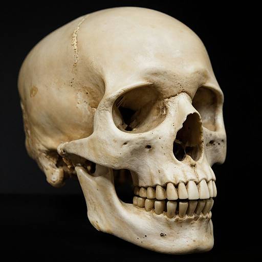 Photograph of a detailed human skull with yellowish-beige bone, visible eye sockets, nasal cavity, and teeth, set against a black background.