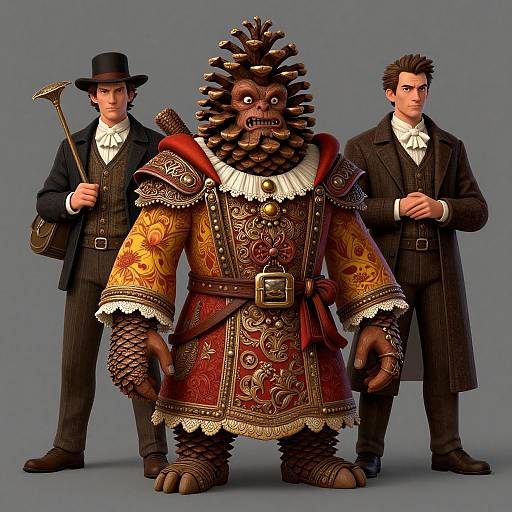 CGI image of two Victorian men in black suits, standing beside a large, ornate, fantasy creature with a fierce face and intricate armor.