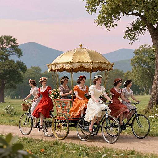 Victorian-style photograph of five women in colorful dresses riding bicycles and a decorative, golden umbrella-covered cart through a lush, tree-lined countryside.