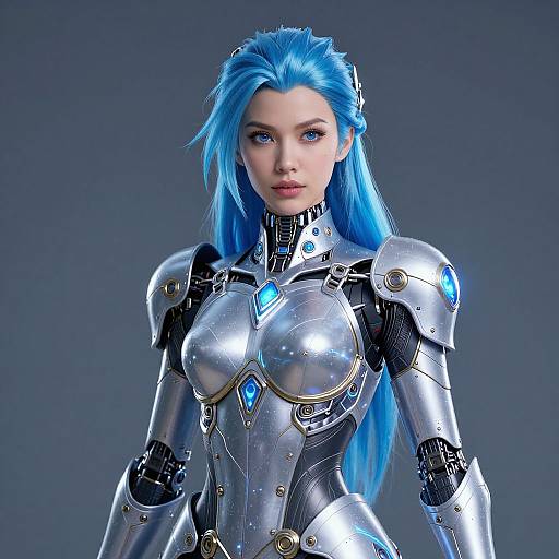 CGI image of a blue-haired woman in a silver and blue futuristic armor, featuring glowing blue accents, against a gray background.