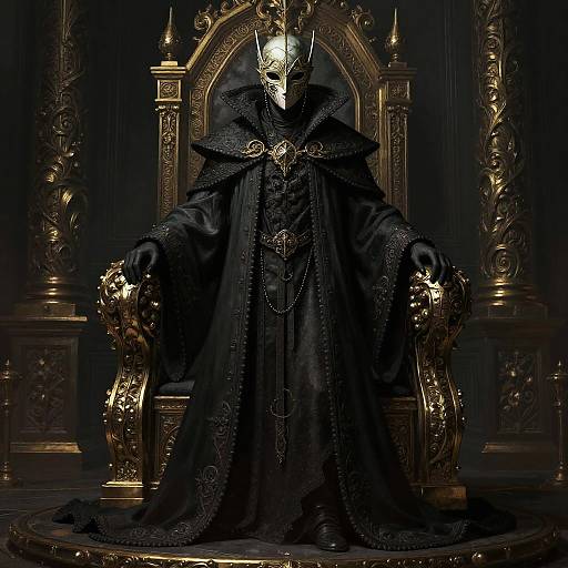 Digital illustration of a masked, dark-robed figure with glowing eyes, seated on an ornate, gold throne in a dimly lit room.