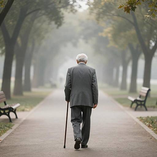 Elderly Man on Misty Park Path