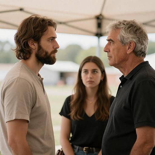 Serious Conversation Between Three People Under Tent