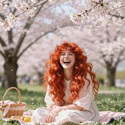 Photograph of a smiling woman with long, curly red hair, wearing a white dress, sitting on a blanket under blooming cherry blossoms, with
