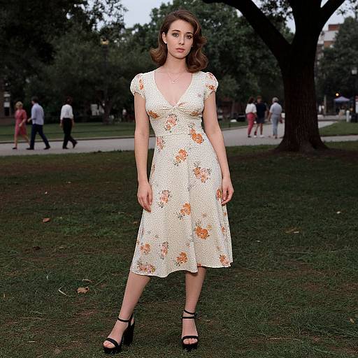 Vintage Floral Midi Dress in 1950s Park