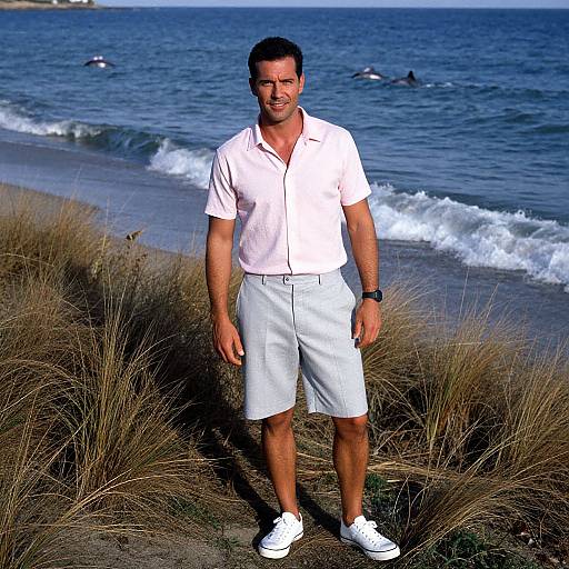 Photograph of a smiling, fit man in a white polo shirt, white shorts, and white sneakers standing on a grassy beach with ocean waves in