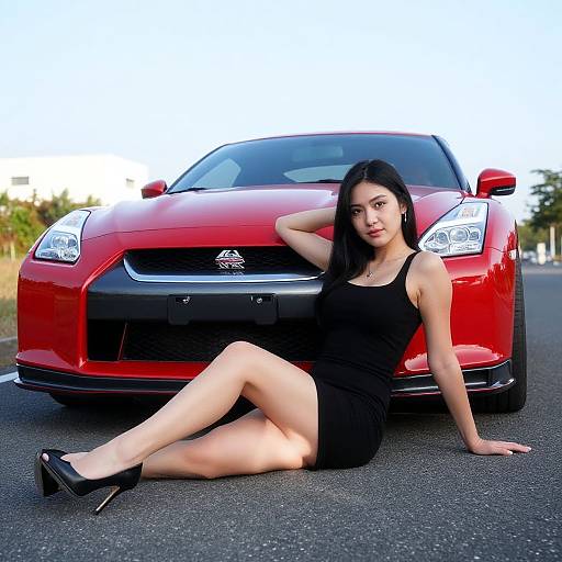 Young Woman Posing by Red GT-R