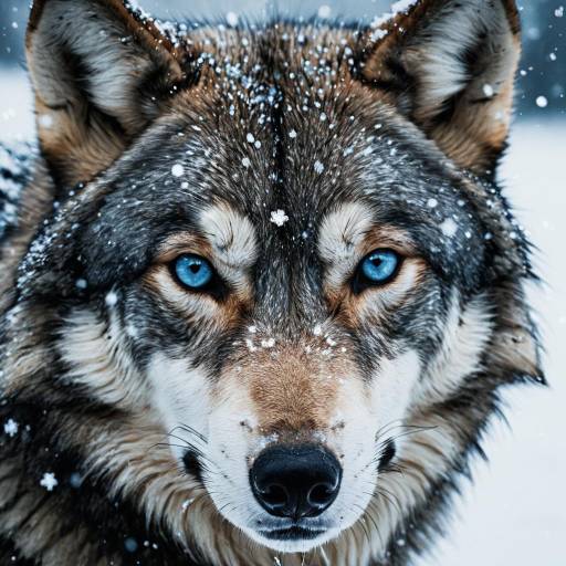 Close-Up of Wolf with Icy Blue Eyes in Snow