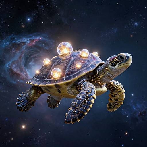 Digital artwork of a detailed sea turtle with glowing orb lights on its shell, flying through a starry, cosmic space background.