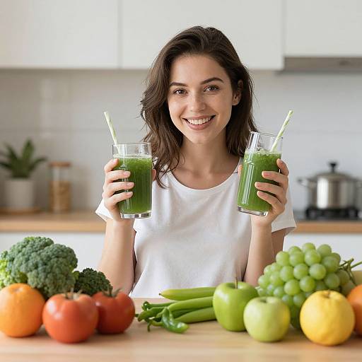 Photograph of a smiling brunette woman in a white shirt, holding two green smoothies, standing in a bright kitchen with fresh fruits and vegetables on a