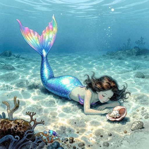Digital illustration of a blue mermaid with a rainbow-tailed fin, lying on a sunlit ocean floor, examining a seashell. Surrounding