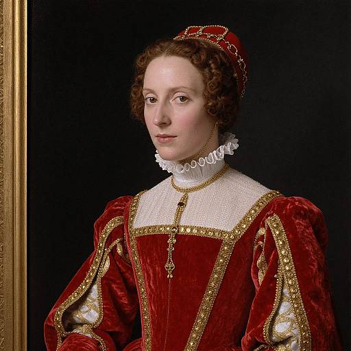 Renaissance portrait of a pale-skinned woman with curly brown hair, wearing a red velvet gown with gold trim and white lace collar, against a