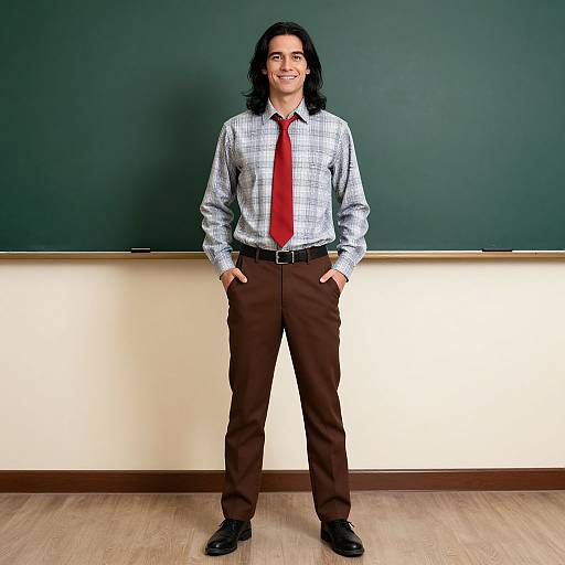 Photograph of a smiling man with long black hair, wearing a plaid shirt, red tie, brown pants, and black shoes, standing in front