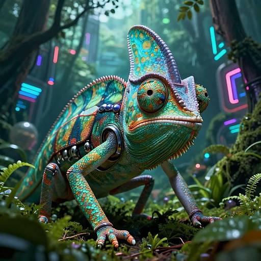 Digital artwork of a colorful, cybernetic chameleon with glowing neon accents, standing on moss in a futuristic, neon-lit forest.