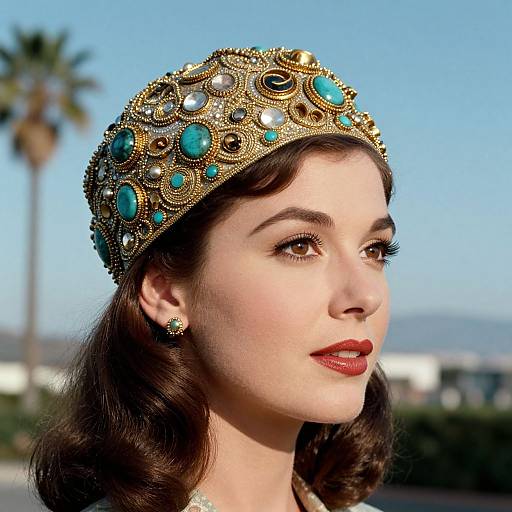 Photograph of a fair-skinned woman with dark brown hair, wearing an ornate golden crown with turquoise and white gems, red lipstick, and matching