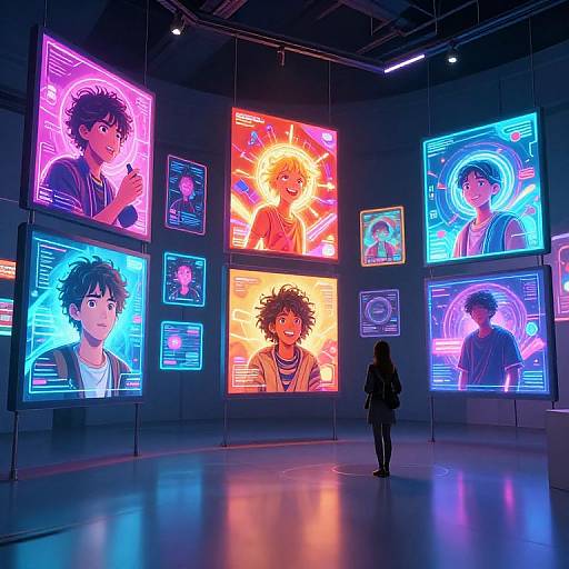 Digital art gallery with neon-lit portraits of diverse, curly-haired anime characters in vibrant blue, pink, and orange hues, viewed by a lone sil