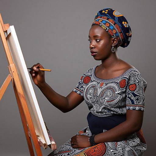 Photograph of an African woman with dark skin, wearing a colorful, patterned dress and headwrap, painting on an easel with a focused expression