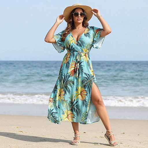 Photograph of a woman in a blue floral dress with a high slit, wearing a straw hat, sunglasses, and white sandals, standing on a sunny