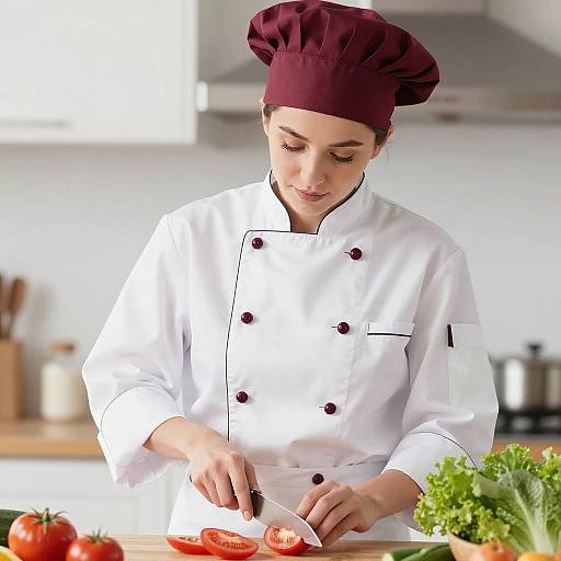 Female Chef Slicing Tomatoes in Kitchen