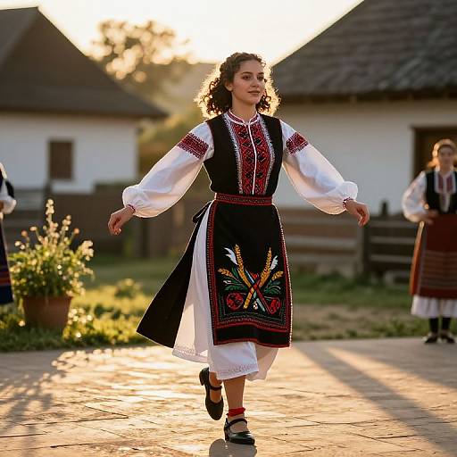 Photograph of a young woman with curly brown hair, wearing a black embroidered dress and white blouse, dancing outdoors at sunset, traditional rural village background.