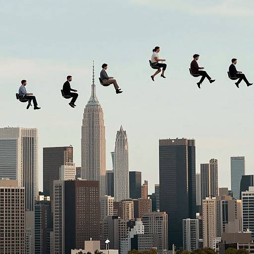 Digital artwork of six businessmen in black suits, white shirts, and black shoes flying in mid-air above a city skyline with the Empire State Building prominently centered