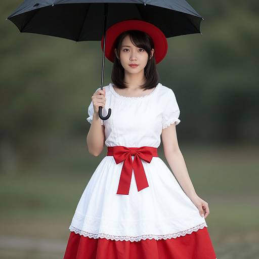 Woman in Red and White Outfit