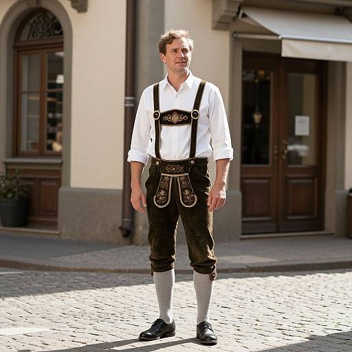 Photograph of a Caucasian man in traditional Bavarian attire, white shirt, brown lederhosen, suspenders, white socks, and black shoes