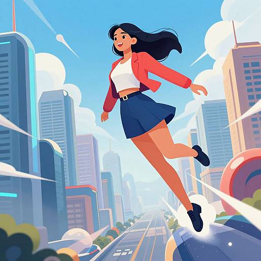 Digital illustration: Young woman with long black hair, red jacket, white top, navy skirt, and black shoes, joyfully jumping above a bustling city