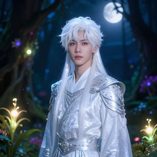 Photograph of a young, white-haired anime character with silver armor, standing in a moonlit forest, surrounded by glowing flowers.