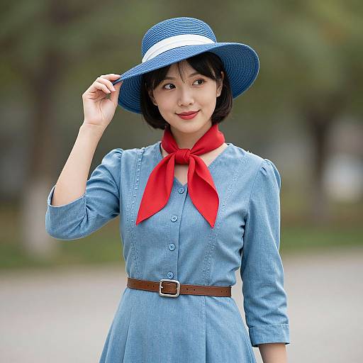 Photograph of an Asian woman with short black hair, wearing a blue dress, red scarf, and blue hat, touching her hat, standing outdoors.