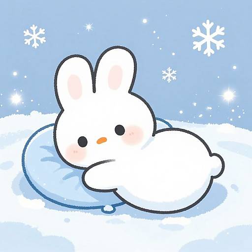 Cute white cartoon bunny with black dots and a tiny orange nose, lying on a blue pillow in snow, surrounded by white snowflakes on a
