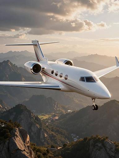 Business Jet Over Golden Mountain Range