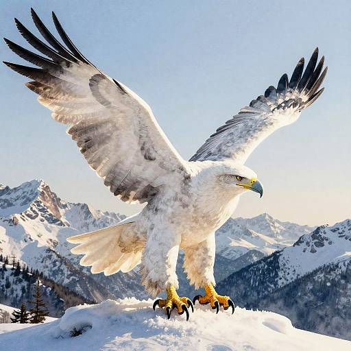 Photograph of a majestic white eagle with black-tipped wings and yellow talons soaring over a snowy mountain landscape under a clear blue sky.