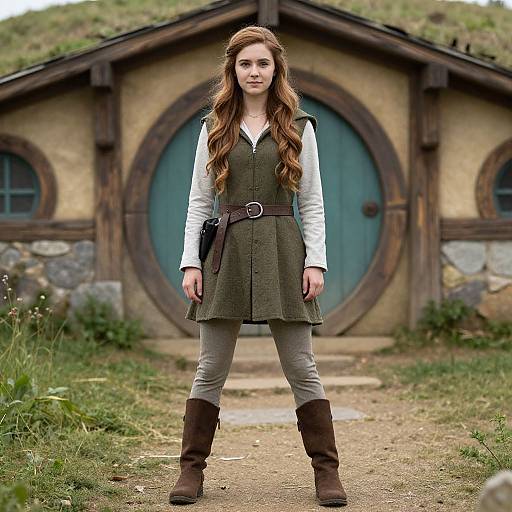 Photograph of a young woman with long brown hair, wearing a green vest over a white shirt, gray pants, and brown boots, standing in front
