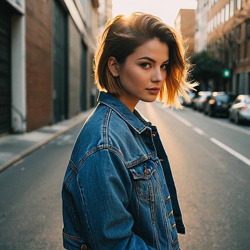 Woman with Side-Swept Fade Hairstyle in Denim Jacket