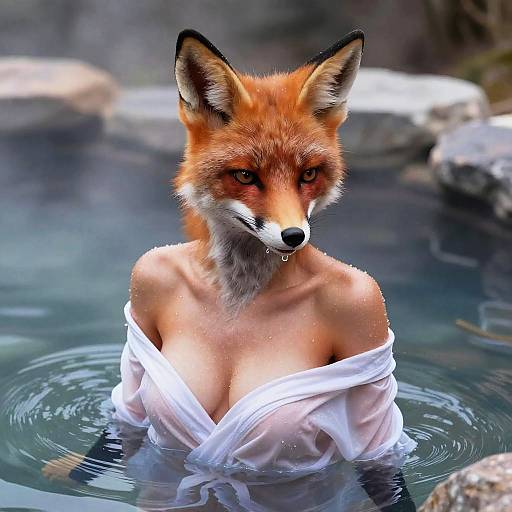 Photorealistic digital artwork of a fox with human-like breasts, wet white shirt, and red fur, standing in a clear, rocky pond.