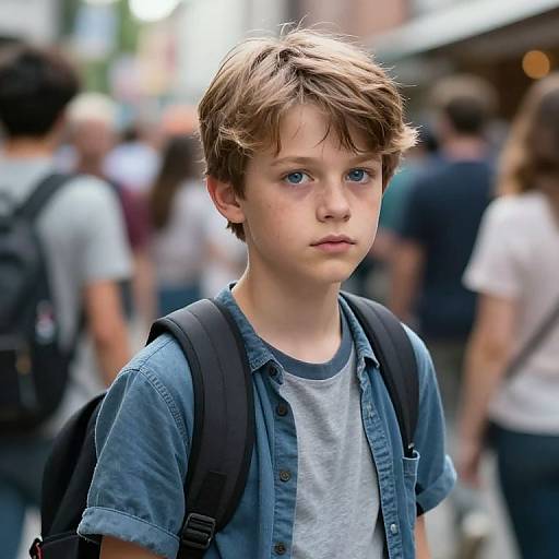 Photograph of a young boy with light brown hair and blue eyes, wearing a denim shirt and backpack, standing in a busy, blurred city street.