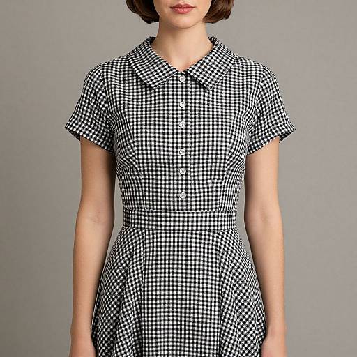 Photograph of a woman with short brown hair wearing a black-and-white checkered short-sleeve dress with a collar, standing against a plain gray
