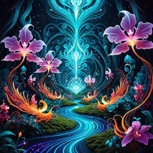 Surreal Bioluminescent Landscape with Floating Orchids and Phoenixes