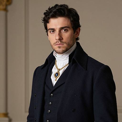 Photograph of a handsome man with dark, wavy hair, light brown eyes, and a slight beard, wearing a black three-piece suit, white